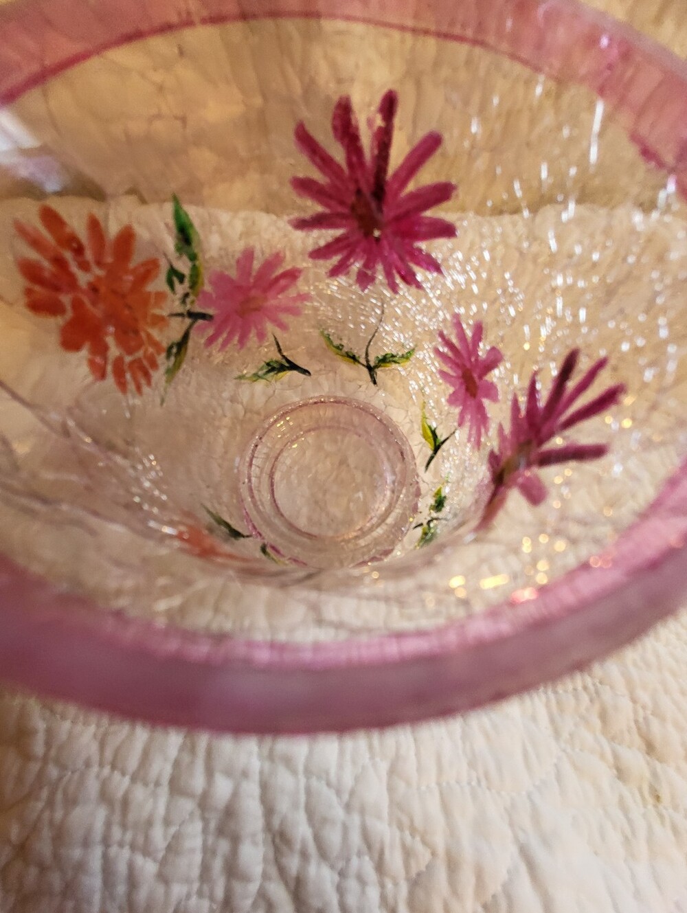 Hand-Painted Pink Floral Crackle Glass Vase - Picture 4 of 12